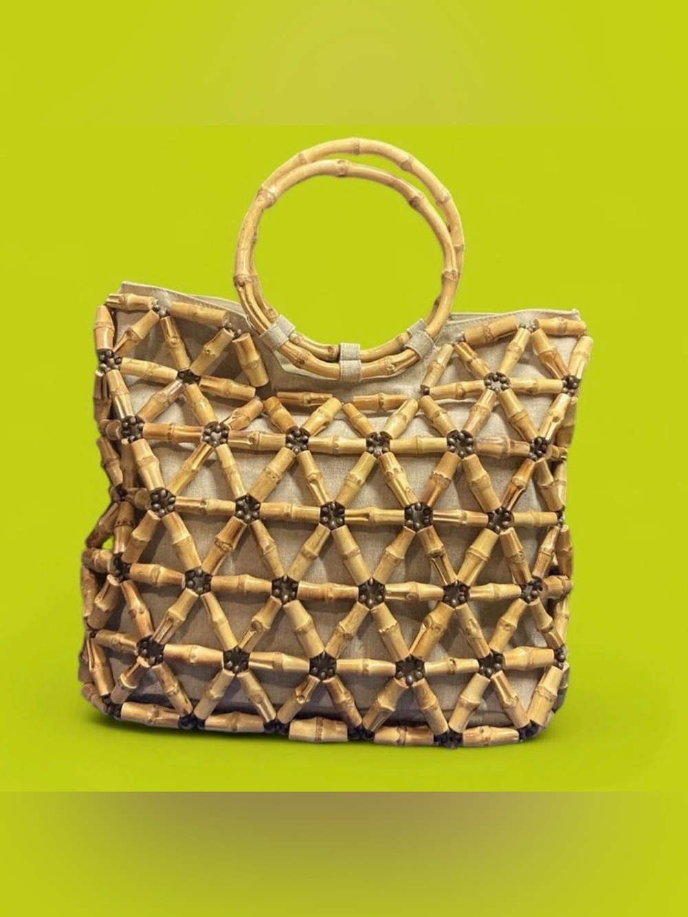 Vintage Y2K tan and cream rattan bag. The Limited. Beach bag